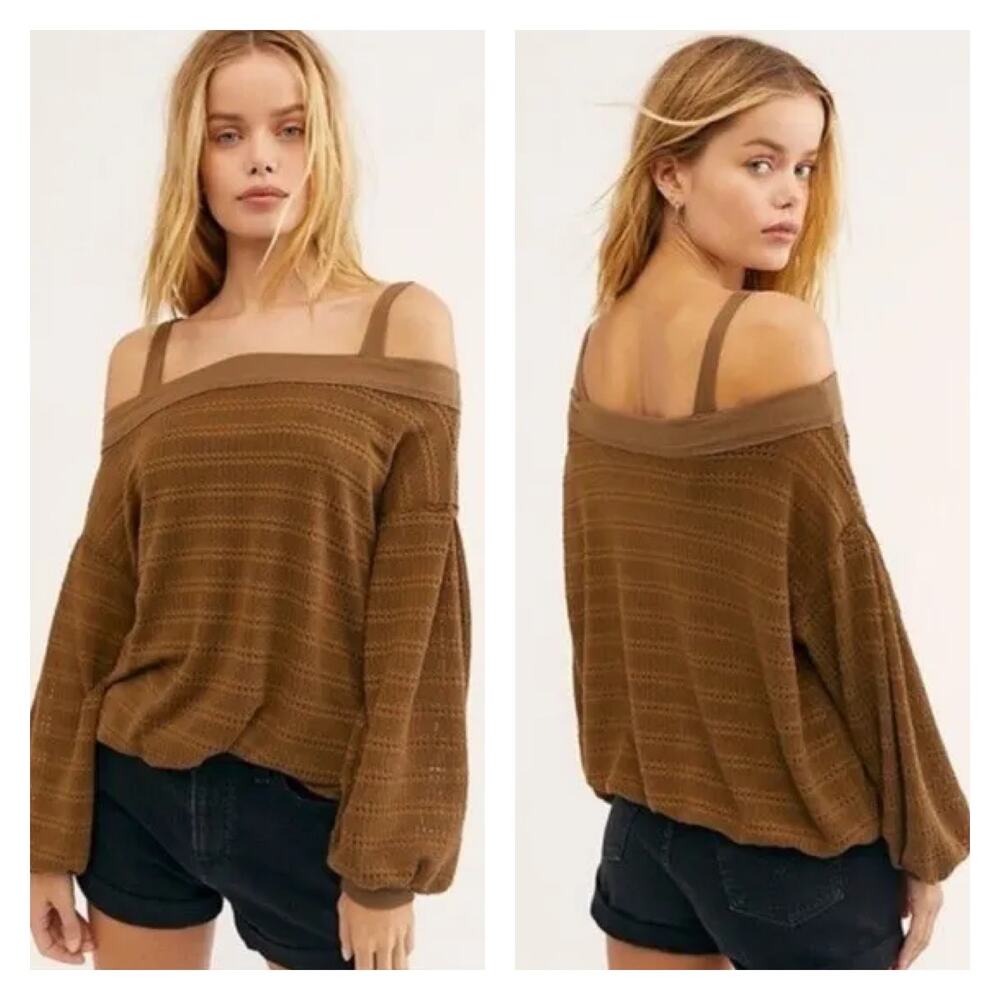 Free People Sistine Cold Shoulder Hacci Balloon Sleeve Sweater Size M - Picture 2 of 11